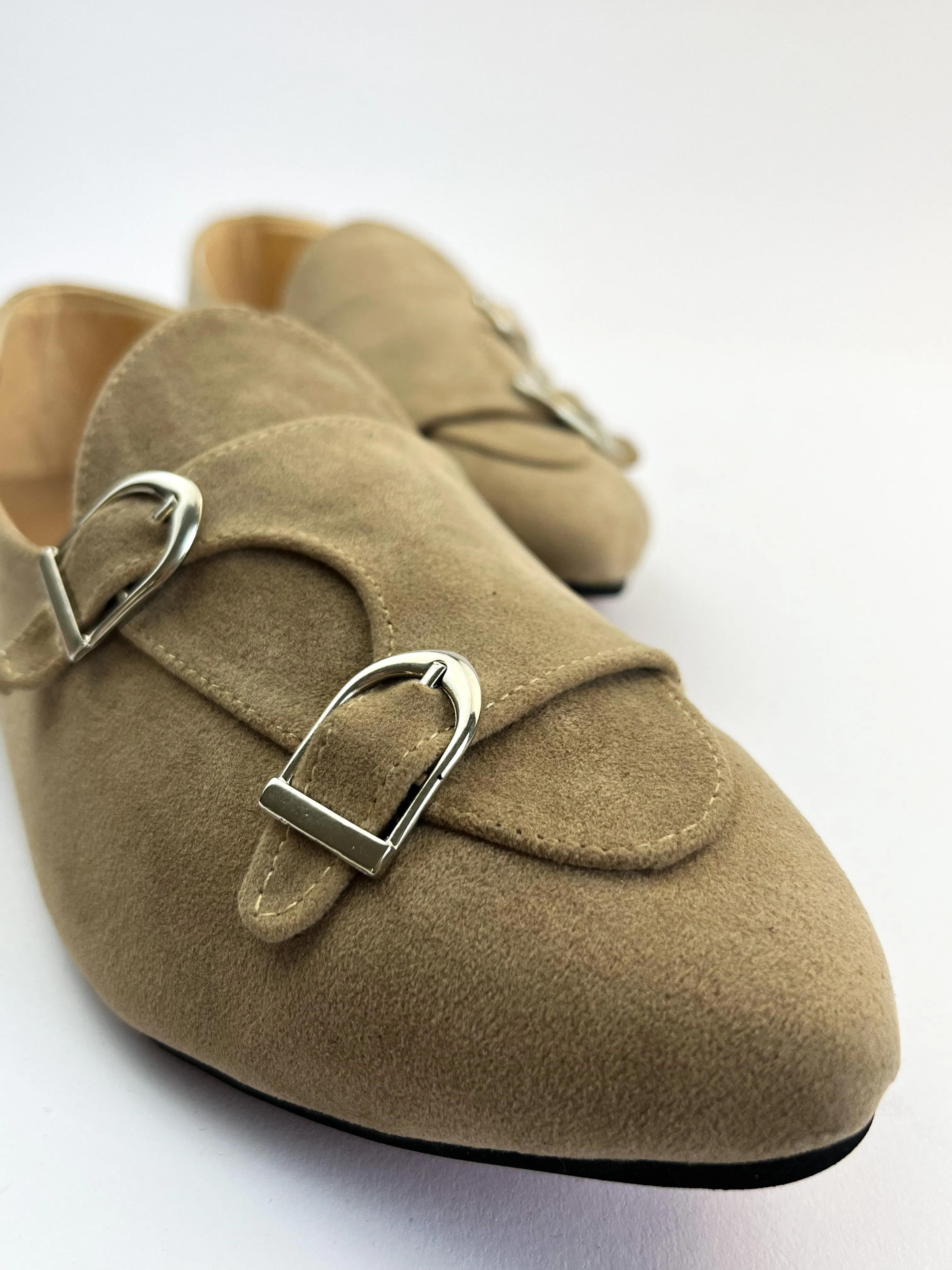 Beige Double-Monk Strap Suede Loafers